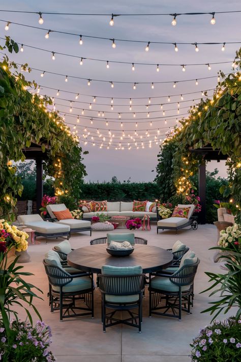 Outdoor patio with string lights, surrounded by lush greenery and colorful flowers, featuring a circular dining table and cushioned seating area. Small Outdoor Dining Area, Patio Arrangement Ideas, Outdoor Room Ideas, Dreamy Patio, Backyard Dining Area, Pouf Seating, Small Patios, Outdoor Sitting, Simple Dining Table