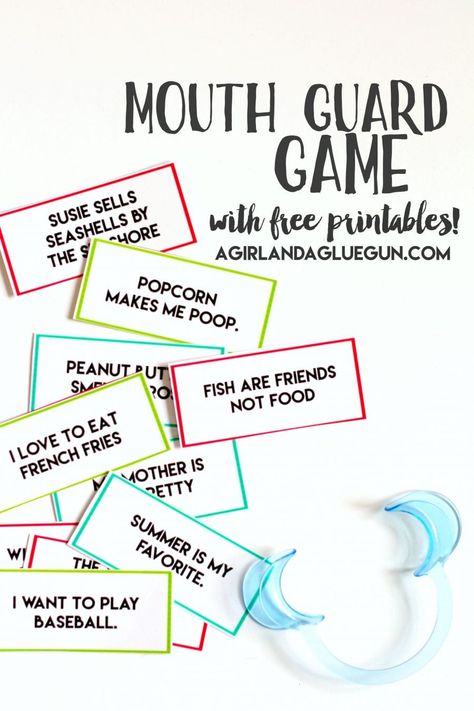 Mouth guard game with free printables! Speak Out Phrases, Game For Christmas, Mouth Game, Watch Your Mouth, Girls Night Games, Christmas Phrases, Youth Group Games, Learning Strategies, Mouth Guard