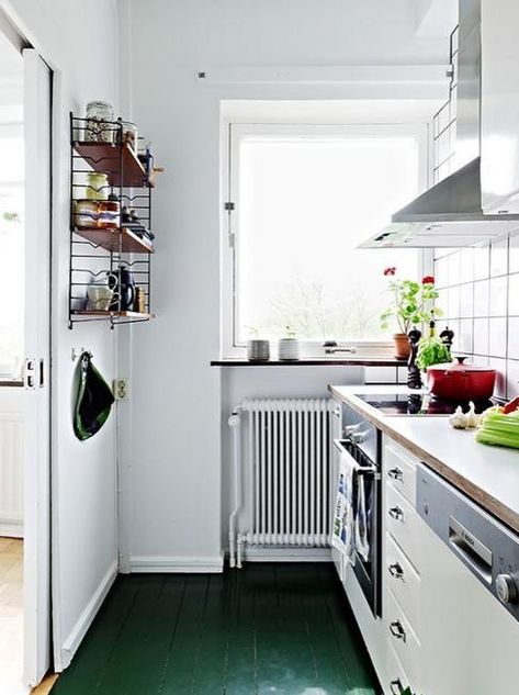 Modern Interior Design and Decor in Malachite Green Colors Kitchen Scandinavian Style, Scandinavian Floor, Painted Wood Floors, White Wood Floors, Scandinavia Design, Green Floor, Wood Floor Kitchen, Floor Kitchen, Painted Floor