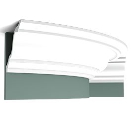 Flexible version of the C334. Classic, elegant swan-neck cornice moulding. Thanks to its Flex technology, curved walls and surfaces are no problem. Installation remark: It is necessary to screw this profile on the wall. Flex Radius: R min = 380 cm Foam Crown Molding, Cornice Moulding, Hallway Makeover, Flexible Molding, Orac Decor, Polyurethane Resin, Swan Neck, Curved Walls, White Ceiling