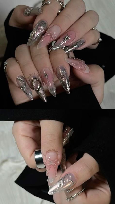 Classy Goth Nails, Pink And Silver Nail Designs, Pink And Silver Nails, Nail Y2k, Asian Nails, Anime Nails, Edgy Nails, Goth Nails, Pretty Gel Nails