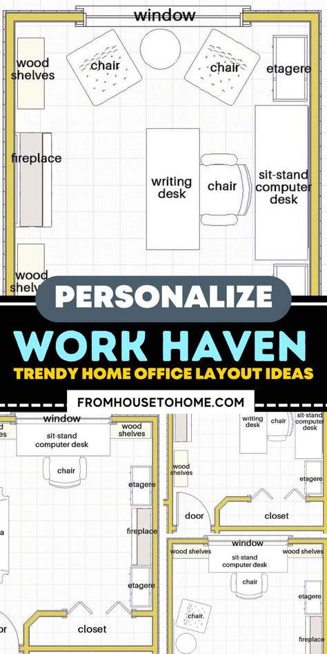 Home Office Layout Ideas | Home Office Ideas Office With Desk And Sitting Area, Home Office Layout Ideas, Diy Glam Decor, Office Layouts, Blue Home Offices, Office Layout Ideas, Home Office Layouts, Window Writing, Office Paint Colors