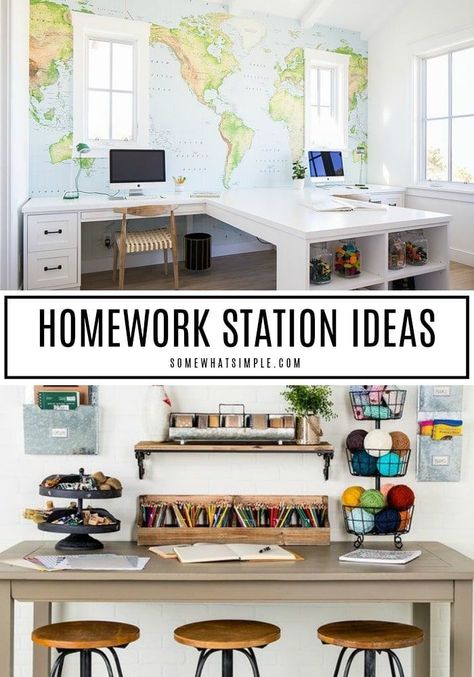 Set your kids up with some serious Back-to-School SUCCESS by making a special spot to study and complete their homework assignments! Here are 10 of our favorite homework station ideas you can create in your home! #homeworkstation #homework #homeoffice #kidsdesk Homework Space Study Areas, Kids Desk Area In Playroom, Living Room Homework Station, Office Desks For Home Work Stations, Homework Board For Home, Home Office And School Room, Homework Room And Office, Homework Room Study Areas, Office Homework Room Study Areas