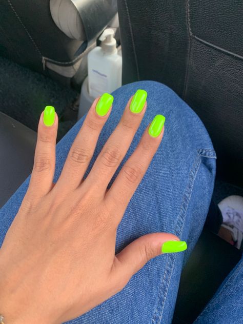 Short Square Acrylic Nails Neon Green, Neon Acrilyc Nails, Lime Green Nails Short Square, Fun Sns Nails, Lime Neon Nails, Neon Nails One Color, Neon Nails Plain, Lime Green Dip Nails, Neon Nails Solid Color