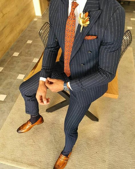 Navy Blue Pinstripe Suit, Blue Pinstripe Suit, Navy Pinstripe Suit, Stylish Mens Suits, Der Gentleman, Men's Business Suits, Classy Suits, Pants Gift, Black Men Fashion Swag