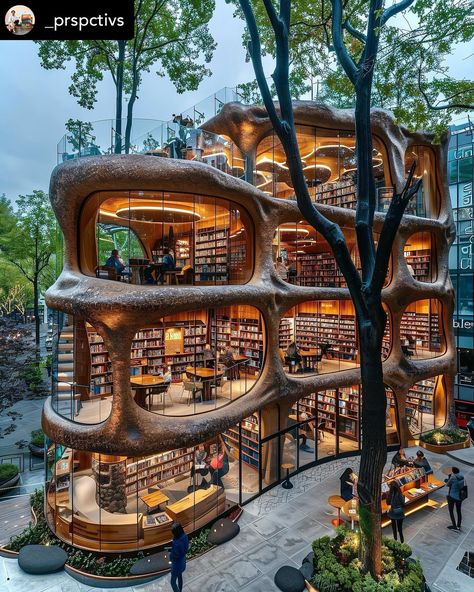 Sustainable Cafe Design, Solar Punk Interior Design, Library Building Design, Nature Inspired Architecture, Build Your Own Library, Interior Design Library, Bookshop Design, Fairy Library, Honors College