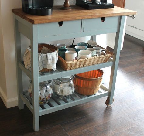 DIY Coffee Bar Cart perfect for a small space and for guests to self serve coffee!  An easy coffee lover IKEA hack makeover! English Basement, Kitchen Hack Decor, Ikea Kitchen Hacks, Kitchen Renovation Diy Ideas, Ikea Coffee, Perfect Apartment, Ikea Hack Kitchen, Ikea Kitchen Island, Classy Kitchen