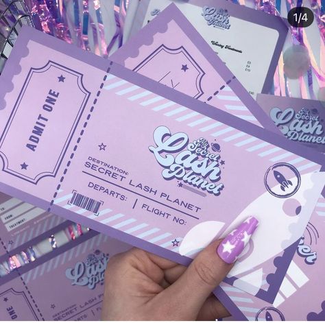 Ticket Design Aesthetic, Cute Ticket Design, Business Card Design Aesthetic, Art Shop Ideas, Purple Packaging Design, Aesthetic Ticket, Beauty Business Cards Ideas, Ticket Graphic Design, Ticket Design Ideas