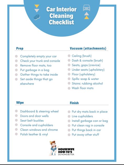 Checklist New Home, Car Detailing Supplies, Car Detailing Interior, Car Checklist, Home Maintenance Schedule, Home Maintenance Tips, Car Life Hacks, Styling Home, Mobile Car Wash