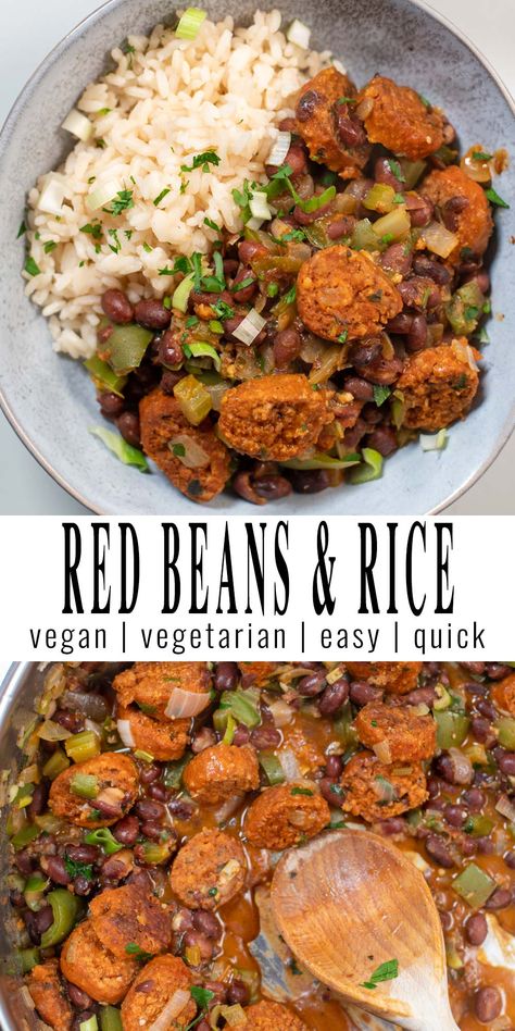 Red Beans and Rice are the ultimate comfort food, filling and so easy to make. Made with vegan sausage, rice, red beans, vegetables and great seasonings it is always a staple always. Tons of flavors and wonderful textures that you love make this Red Beans and Rice recipe a keeper that everyone can't get enough of. #vegan #dairyfree #dinner #vegetarian #lunch #contentednesscooking #redbeansandsrice Vegan Red Beans And Rice, Vegan Red Beans, Vegan Casseroles, Red Beans And Rice Recipe, Sweet Potato Rice, Red Beans N Rice Recipe, Cooking Vegetarian, Sausage Rice, Dinner Vegetarian