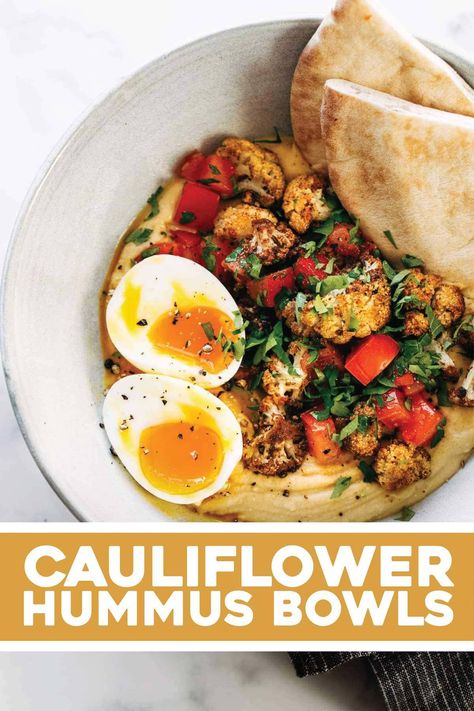 These Roasted Cauliflower Hummus Bowls are LIFE-CHANGING. A bed of garlicky creamy hummus, piled high with spiced roasted cauliflower, and a speckling of fresh lemony tomatoes and herbs. #hummus #bowl #vegetarian Roasted Cauliflower Hummus, Hummus Bowls, Cauliflower Hummus, Hummus Bowl, Pinch Of Yum, Homemade Hummus, Vegetarian Lunch, Juicy Tomatoes, Hummus Recipe