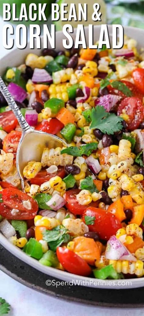 Black Bean and Corn Salad {ready in 20 mins} - Spend With Pennies Summer Corn Salad With Feta, Corn On The Cob Party Ideas, Grilled Corn And Black Bean Salad, Salads With Peppers, Corn Pepper Salad, Corn And Pepper Salad, Summer Spicy Corn Salad, Summer Healthy Salads, Bean Corn Salad Recipes