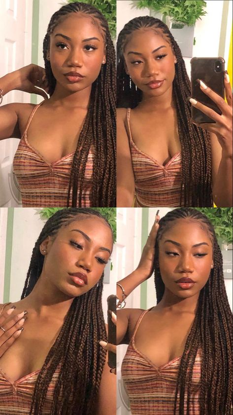 Braided Hairstyles For Summer Black Women, Cute Summer Braids Black Hair, Brown Skin Hairstyles, Brown Protective Styles, Different Protective Hairstyles, Braid Ideas Black Women, Braids Aesthetic Black Women, Cornrow Front Box Braid Back, Summer Braided Hairstyles For Black Hair