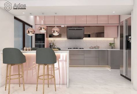 Ados Home Interiors on Instagram: “Lacquered Glass Finish With Accents Of Rose Gold. #kitchendesign #kitchensbangalore #kitchenstyle #modernluxury…” Kitchen Rose Gold Interior Design, Rose Gold Kitchen Cabinets, Rose Gold Interior Design, Kitchen Rose Gold, Mirrored Kitchen Cabinet, Rose Gold Interior, Glossy Kitchen, Lacquered Glass, Rose Gold Kitchen