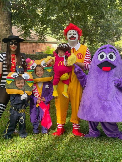 Mcdonald’s Family Costume, Mcdonald's Halloween Costume, Diy Ronald Mcdonald Costume, Ronald Mcdonald And Hamburglar Costume, Mcdonald's Characters Costumes, Diy Grimace Costume, Family Of 6 Costumes, Grimace Costume Diy, Mcdonald’s Halloween Costumes