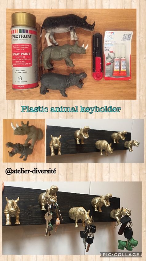 Diy Animal Decor, Diy Keyholder Ideas, Plastic Animal Crafts Home Decor, Plastic Animal Crafts Diy, Keyholders Diy, Diy Old Toys, Diy Keyholder, Plastic Animal Crafts, Deco Originale