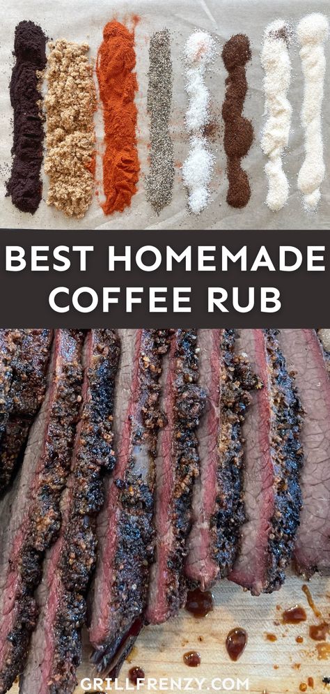 This coffee rub goes perfectly on smoked steaks and brisket, and is much cheaper than the store-bought rubs. The star of the show is the coffee, which is earthy, savory and pairs perfectly with beef. Be sure to try this homemade coffee rub the next time you've got beef on the menu! | homemade coffee steak rub | coffee crusted steak | steak coffee rub recipe | coffee steak seasoning | coffee steak rub recipes | coffee steak rubs for grilling | best coffee steak rub | best coffee rub Coffee Brisket Rub Recipe, Coffee Rub Brisket, Steak Coffee Rub Recipe, Coffee Rub For Ribs, Espresso Rub Recipe, Dry Rub Steak Recipes, Coffee Steak Rubs For Grilling, Espresso Steak Rub, Coffee Crusted Steak