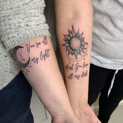 The Best Wedding Tattoo Ideas — Joby Dorr His And Hers Sun And Moon Tattoo, Night And Day Tattoos Sisters, His And Her Sun And Moon Tattoo, Moon And Sun Sister Tattoo, Soul Sister Matching Tattoos, Sun And Moon Matching Tattoos Couple, Hand Tattoos For Best Friends, Sun And Mood Matching Tattoos, Matching Crystal Tattoos