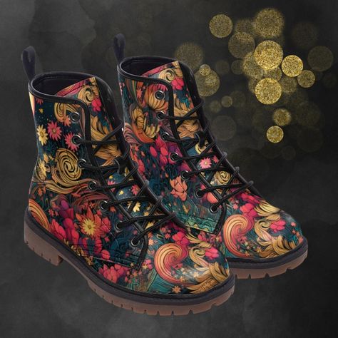 hippieartzone Boots - Floral Fantasy Art Combat Boots Hippie Men, Crocs Flip Flops, Floral Combat Boots, Lightweight Boots, Vegan Leather Boots, Bags Leather Handbags, Rugged Style, Hippie Art, Soft Textiles