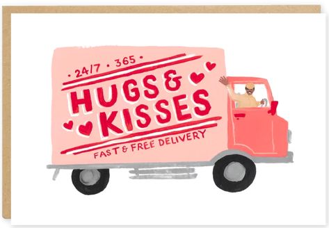 Valentines Illustration, Gouache Illustrations, Hugs Kisses, Valentines Card, American Folk Art, Hugs And Kisses, Greeting Card Design, Lovely Print, Love Cards