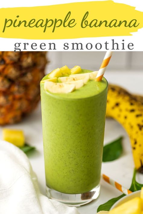 Glass filled with pineapple banana spinach smoothie with a straw in the glass. Healthy Greek Yogurt Smoothie, Pineapple Spinach Smoothie, Yogurt Smoothies Healthy, Banana Green Smoothie, Sweet Green Smoothie, Smoothie With Spinach, Banana Spinach Smoothie, Easy Green Smoothie Recipes, Clean Eating Smoothies