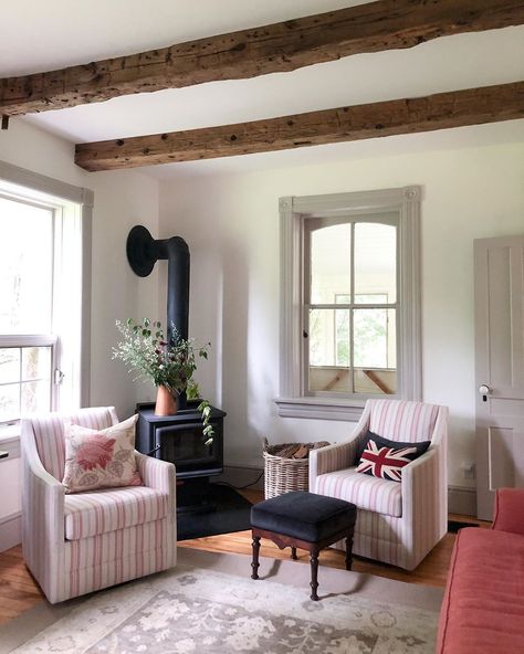 Small Living Room With Wood Burning Stove, Small Space Wood Stove, Wood Stove In Living Room Corner, Wood Stove With Bookshelves, Wood Burning Stove Seating Area, Small Sitting Room With Wood Stove, Corner Wood Stove Ideas Farmhouse, Farmhouse Living Room With Wood Stove, Wood Stove Sitting Area