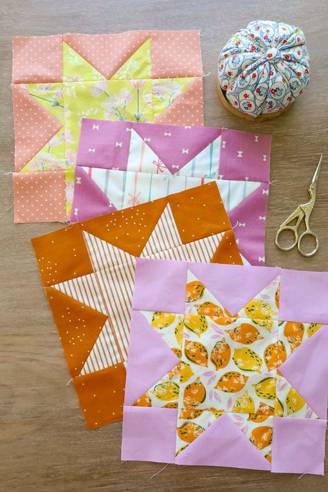 Create an 8" finished Sawtooth Star quilt block with this free PDF download. Perfect for a scrappy project like a quilt or a bag. Add or subtract stars to make a bed or a baby size quilt with these blocks. Bedspread Quilt Patterns, Wild Starflower Quilt, Hst Star Block, Beginner Patchwork Quilt, 9 Block Quilt Patterns, Sawtooth Star Quilt Block Free Pattern, Mini Quilts Patterns Free, Quilt Blocks For Beginners, Beginner Quilt Blocks