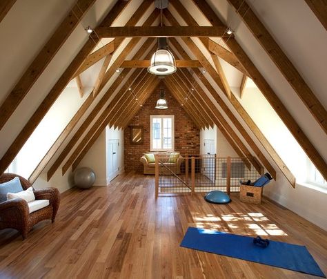 Traditional Conversion - Exposed beams against white walls and beautiful wood flooring - steep pitch roof Meditation Room Design, Attic Design Ideas, Yoga Room Design, Attic Renovation Ideas, Attic Loft, Attic House, Attic Conversion, Attic Design, Attic Space