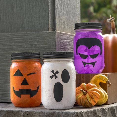 Halloween Lanterns Diy, Jar Decorations, Primary Activity, Mason Jar Luminaries, Tissue Paper Craft, Decoupage Jars, Halloween Jars, Cheap Halloween Decorations, Halloween Mason Jars