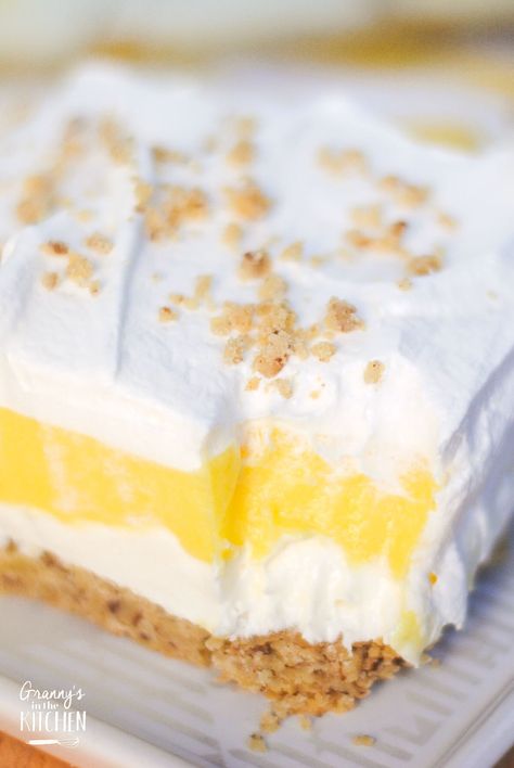 Lemon Lush Dessert - Granny's in the Kitchen Coconut Bread Pudding, Pudding And Cool Whip, Graham Dessert, Lemon Lush Dessert, Cheesecake Lemon, Lush Dessert, Lush Cake, Lemon Lush, Cool Whip Desserts