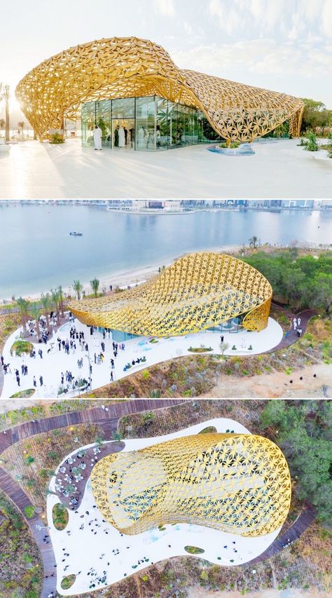 The Butterfly Pavilion is an ornamental structure—featuring a golden roof made up of 4,000 aluminum leaves—that houses more than 500 butterfly species in its unique biosphere park. Roof Pool, Wood Pavilion, Water Pavilion, Chinese Pavilion, Wooden Pavilion, Architecture Cool, Butterfly Pavilion, Barcelona Pavilion, Pavilion Plans