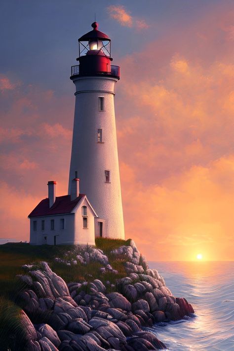 Lighthouse At Sunset, Lighthouse With House, Lighthouse Aesthetic, Lighthouse Drawing, Lighthouse Photography, Lighthouse Crafts, Ocean Waves Painting, Lighthouses Photography, Lighthouse Photos