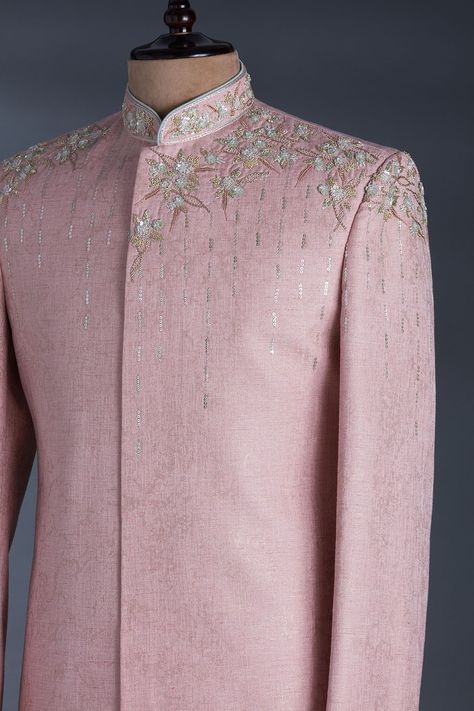 Buy Pastel Pink Sequins Embroidered Raw Silk IndoWestern Sherwani Online | Samyakk Traditional Indian Mens Clothing, Pink Sherwani, Indowestern Sherwani, Indian Groom Dress, Indian Wedding Clothes For Men, Sherwani For Men Wedding, Groom Dress Men, Wedding Outfits For Groom, Indian Groom Wear