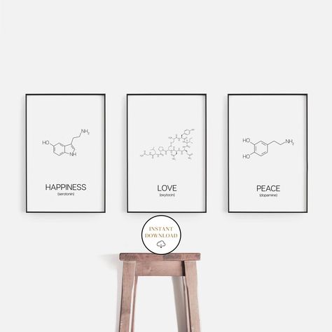 Peace Love Happiness Molecules Art, Dopamine, Oxytocin, Serotonin, Love Molecule Poster, Printable Chemistry Wall Art, Science Gift, 3 Piece by OneWayPrintables on Etsy Love Molecule, Motivation Manifestation, Molecule Art, Chemistry Quotes, Peace Love Happiness, Science Lover, Modern Art Printables, Art Science, Science Gifts