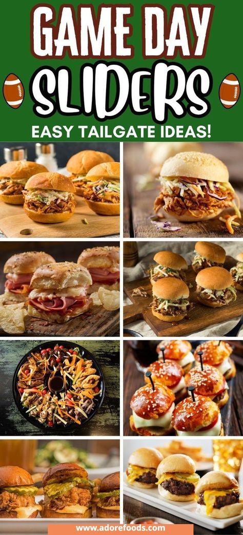 The best game day sliders for football season! These football slider ideas include Classic Beef Sliders, Pulled Pork Sliders, Chicken Sliders and veggie ones. Easy football food ideas & game day sliders, superbowl sliders easy, game day appetizers, superbowl party food ideas, tailgate easy food, football sunday food, gameday food, football appetizers, recipes, football party foods. Sunday Football Food Appetizers, Tailgate Party Foods, Easy Football Food Ideas, Sliders Superbowl, Sliders Pulled Pork, Healthy Football Party Food, Super Bowl Food Menu, Easy Football Food, Game Day Sliders