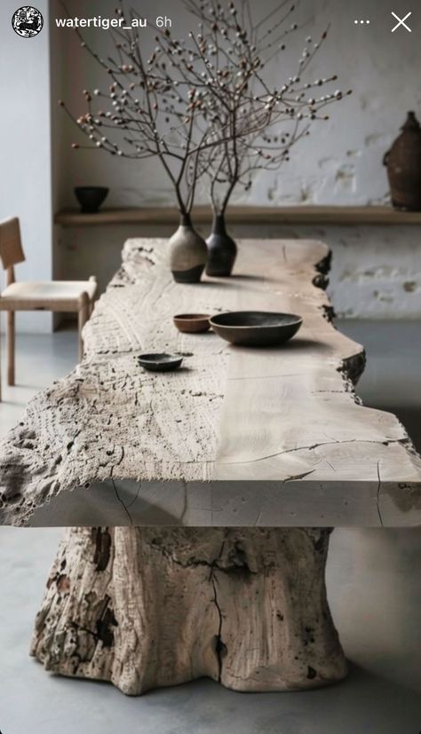 Raw Furniture Wood, Wood Tables Rustic, Wabi Sabi Diy, Wabi Sabi Home Interior Design, Wabi Sabi Dining Table, Wabi Sabi Dining Room, Wabi Sabi Wall Decor, Wabi Sabi Dining, Wabi Sabi Table