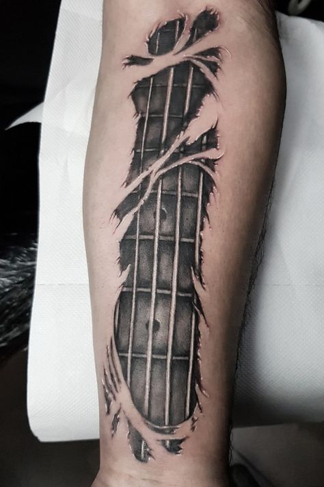 Custom bass guitar 😊 | By Vanesa Charmani | Done at Crescent Tattoo Shop | Jul 27th 2019 | 1112145 Electric Guitar Tattoo For Men, Guitar Arm Tattoo, Guitar Strings Tattoo, Bass Guitar Tattoos, Guitar Sleeve Tattoo, Cool Guitar Tattoos, Guitar Neck Tattoo, Fretboard Tattoo, Rock Guitar Tattoo