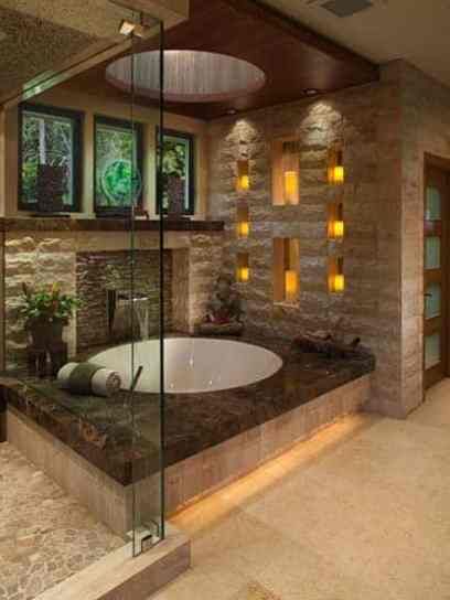 63 Sensational bathrooms with natural stone walls Japanese Bathroom Design, Asian Bathroom, Romantic Bathrooms, Japanese Bathroom, Asian Interior Design, Zen Bathroom, Bad Inspiration, Asian Garden, Jacuzzi Tub