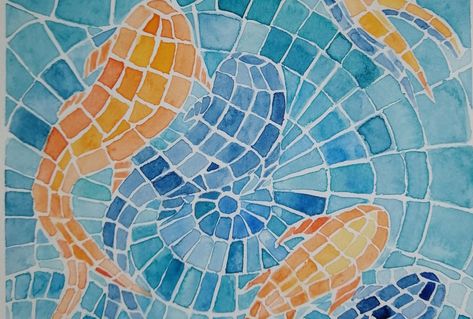 Watercolor Mosaic Painting, Watercolor Mosaic, Mosaic Drawing, Paper Mosaic, Watercolor Art Diy, Spanish Art, Mosaic Pieces, Mosaic Projects, School Art Projects