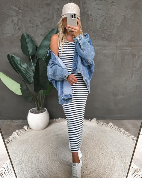 #taptoshop #summerfashion #boutique Stripped Dresses Outfits, Strip Dress Outfit, White Striped Dress Outfit, Ribbed Dress Outfit, Casual Fall Dress, Striped Dress Outfit, Striped Casual Dresses, Tank Dresses Outfit, Body Con Dress Outfit