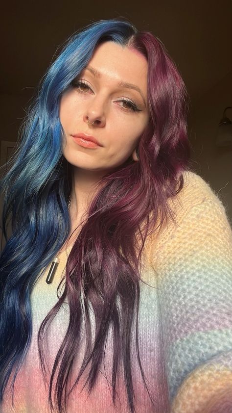 Blue And Purple Hair Split, Burgundy And Teal Hair, Half Red Half Blue Hair, Half Purple Half Blue Hair, Half Blue Hair, Teal And Purple Hair, Hair With Extensions, Dark Brown Long Hair, Burgundy Hair Dye