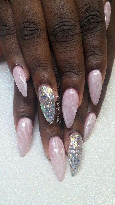 Rose Quartz Almond Stiletto Glitter Nails Encapsulated Stiletto Glitter Nails, Mama Nails, Bb Nails, Nails Encapsulated, Acrylic Nails Cute, Rose Quartz Nails, Almond Stiletto, Almond Acrylic Nails Designs, Quartz Nails