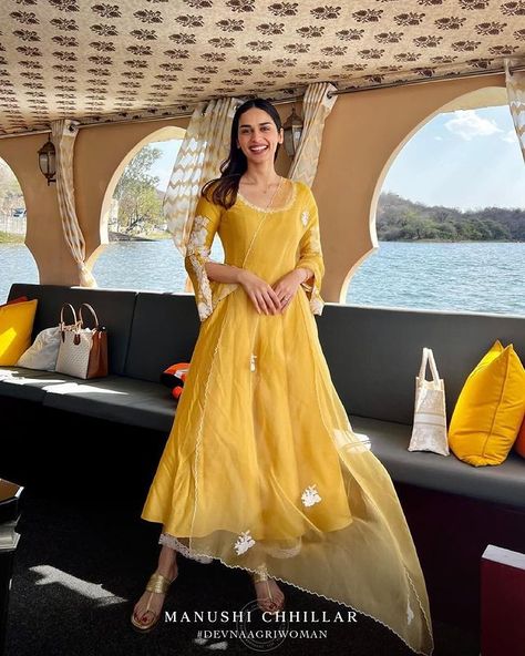 Yellow Anarkali Suits, Manushi Chhillar, Yellow Anarkali, Pure Chiffon Sarees, Haldi Outfit, Indian Anarkali, Function Dresses, Organza Suits, Trendy Outfits Indian