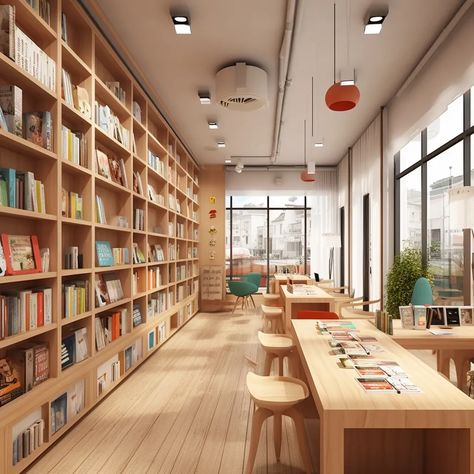 The image shows a modern library with wooden bookshelves and a large reading area. There are many books on the shelves and people can sit at the tables and read them. The library is very bright and there are many windows. Scandinavian Library, Bookstore Inspiration, Library Nook, Wooden Bookshelves, Small Library, Library Shelving, Bookstore Design, Library Project, Library Plan