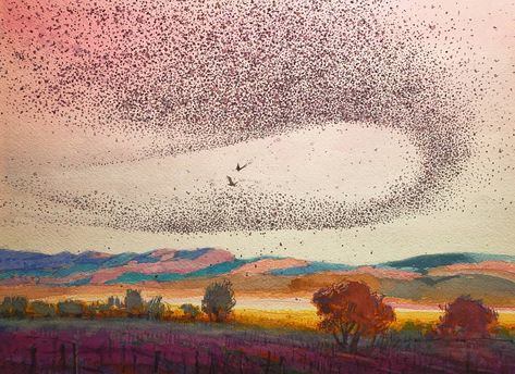 Yong Hong Zhong ·     Another magical moment Johan Vineyards, a murmuration of the flocking of starlings Nature, Bird Murmuration, Starling Murmuration, Starling Bird, Bird Flock, Murmuration Art, Abstract Art Landscape, Colorful Landscape, Birds Painting