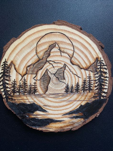 Mountain Forest Lake Scenery Aesthetic Wooden Coaster, Pyrography artwork Pyrography Scenery, Wood Burning Ideas Mountains, Wood Burning Ideas Easy, Easy Wood Burning Ideas For Beginners, Simple Wood Burning Patterns, Easy Wood Burning Ideas, Wood Burning Coasters, Burning Mountain, Wood Etching