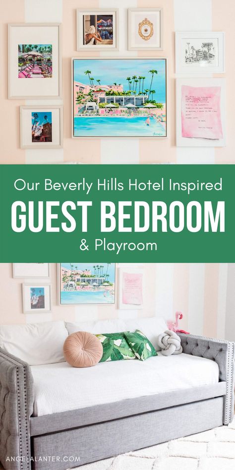 Playroom and Guest Room Combo. Ideas to organize kid's toys, save space and have an awesome room for our guests. Decoration inspired in Beverly Hills Hotel. "Press for Champagne" button included. Angela Lanter #AngelaLanter Playroom And Guest Room Combo Ideas, Kids Room And Guest Room Combo, Spare Room Playroom Combo, Guest And Playroom Combo, Guest Playroom Combo, Guestroom Playroom Combo Room Ideas, Guest Room And Playroom Combo, Kids Bedroom Playroom Combo, Guest Bedroom Playroom Combo