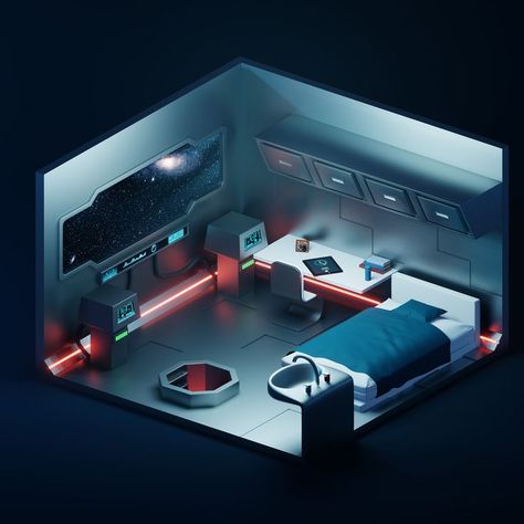 Futuristic Isometric, Cyberpunk Bedroom Ideas, Cyberpunk House Interior, Spaceship Bedroom, Sci Fi Apartment, Sci Fi Bedroom, Spaceship Room, Futuristic Rooms, Scifi Room