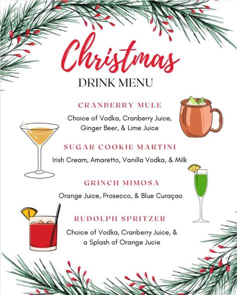 Christmas Drink Board Ideas, Holiday Drinks For Party, Christmas Drink Board, Christmas Drink Party, Christmas Eve Drinks For Adults, Christmas Cocktails Ideas, Simple Christmas Drinks, Christmas Inspired Drinks, Christmas Drinks Easy