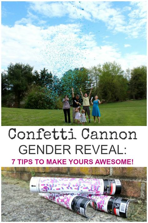 Confetti canon gender reveal party: 7 tips to make yours awesome! Plus the link to the confetti poppers we used, and why we chose them. #genderreveal #genderrevealideas Cannon Gender Reveal, Confetti Cannon Gender Reveal, Gender Reveal Poppers, Sibling Gender Reveal, Confetti Cannon, Gender Reveal Announcement, Gender Reveal Photos, Confetti Gender Reveal, Confetti Poppers